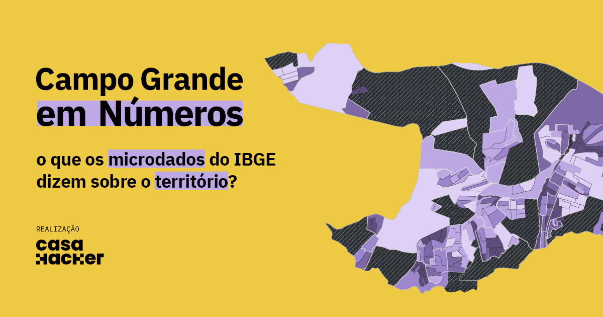 Capa da publicação “Campo Grande em Números”, com o subtítulo “O que os microdados do IBGE dizem sobre o território?”. O fundo é amarelo, com textos em preto e destaques em lilás. À direita, há uma representação cartográfica de Campo Grande, dividida em áreas territoriais em tons de lilás, roxo e preto. No canto inferior esquerdo, aparece a identificação da Casa Hacker como realizadora.