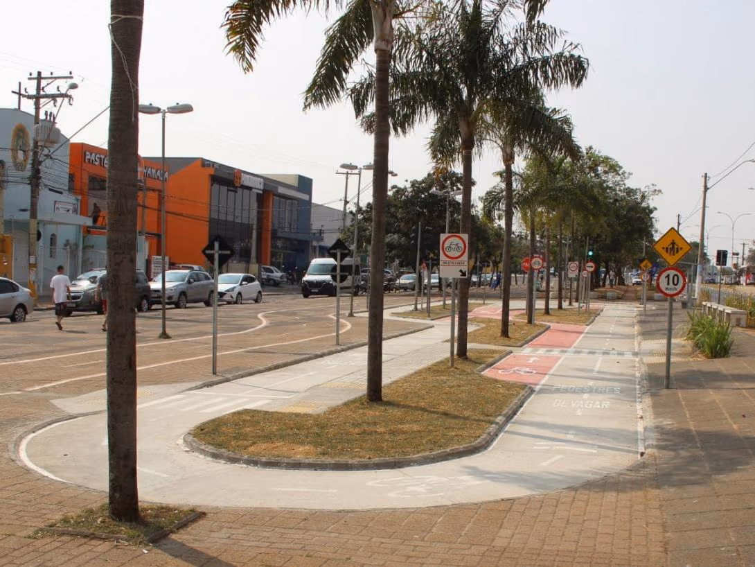 Fotografia de uma avenida com ciclovia sinalizada em vermelho, calçadas acessíveis e faixa compartilhada para pedestres e ciclistas. Palmeiras e árvores acompanham o percurso, enquanto veículos circulam e estacionam ao longo da via. Placas indicam orientações de trânsito e limite de velocidade.