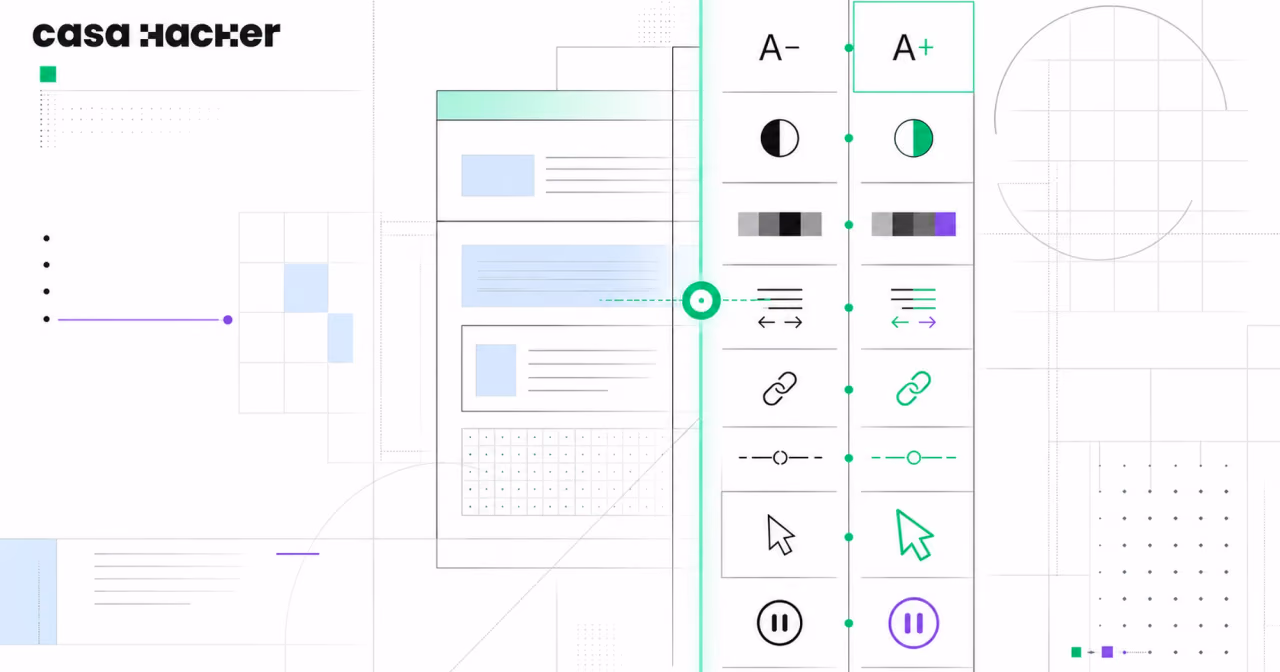 Ilustração da barra de acessibilidade da Casa Hacker: controles de tamanho de fonte, contraste, espaçamento, links, cursor e pausa de animação, em duas colunas antes e depois, ao lado do esboço de uma página do site