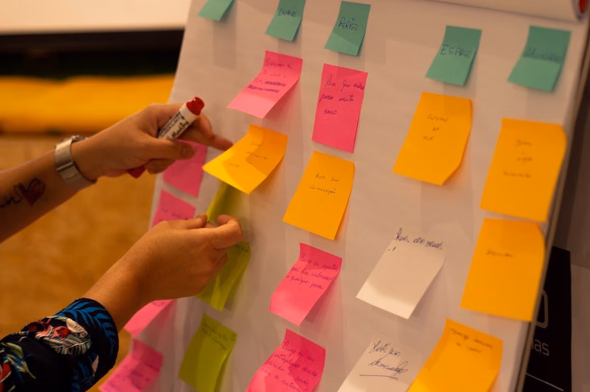 Participant organizes ideas and insights on a collaborative board during an activity of the Active Citizenship Hubs.