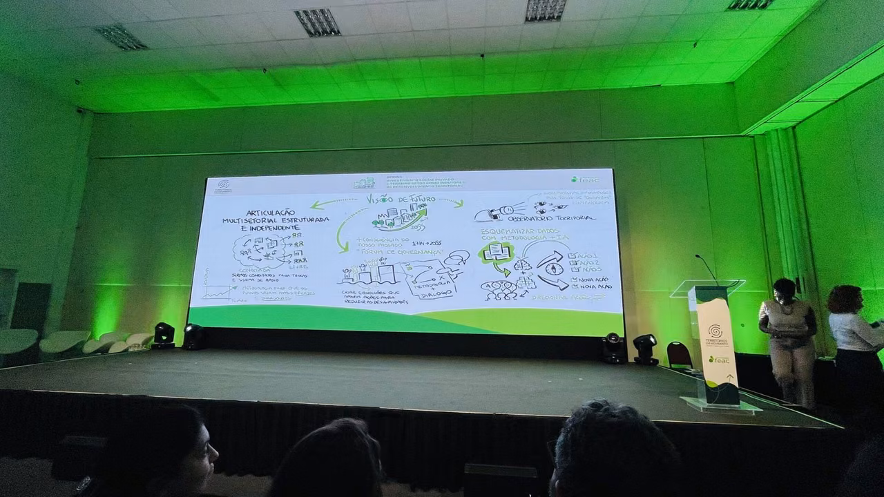 Auditório em luz verde: na tela, o registro gráfico do debate; à direita, o púlpito da mesa.